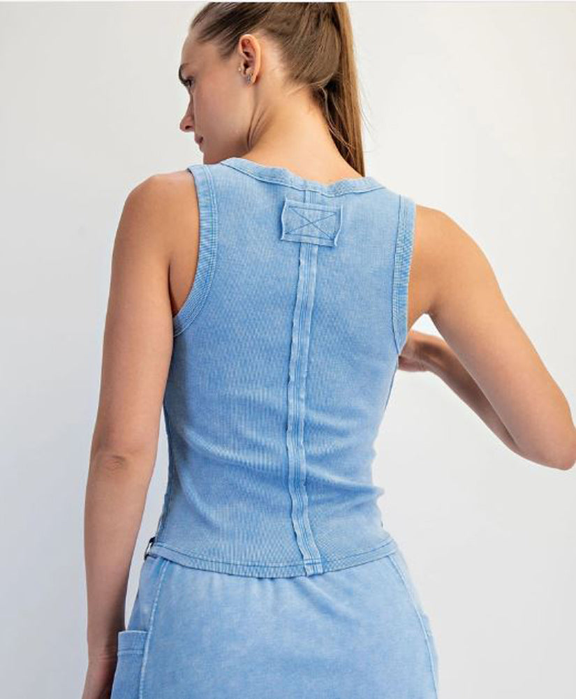 Mineral Washed Ribbed Sleeveless Tank in Aqua Splash by Rae Mode