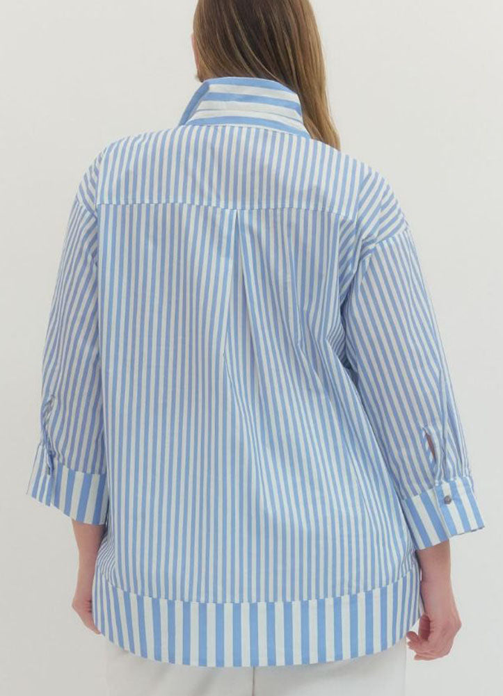 Plus Striped 3/4 Sleeve Top with Wide Collar in Blue by Entro