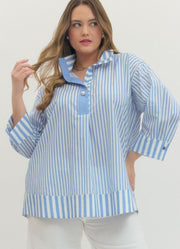 Plus Striped 3/4 Sleeve Top with Wide Collar in Blue by Entro