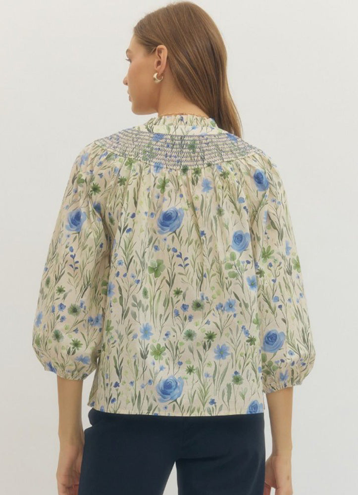 Floral Print Smocked Yoke 3/4 Sleeve Top in Blue by Entro