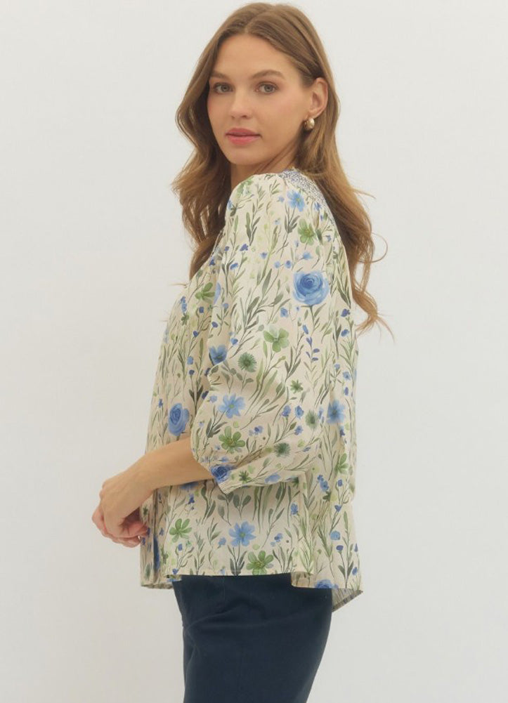 Floral Print Smocked Yoke 3/4 Sleeve Top in Blue by Entro