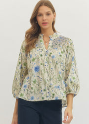 Floral Print Smocked Yoke 3/4 Sleeve Top in Blue by Entro