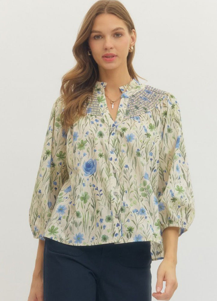 Floral Print Smocked Yoke 3/4 Sleeve Top in Blue by Entro