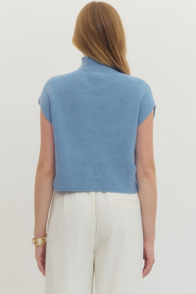 Solid Cap Sleeve Mock Neck Sweater in Blue by Entro