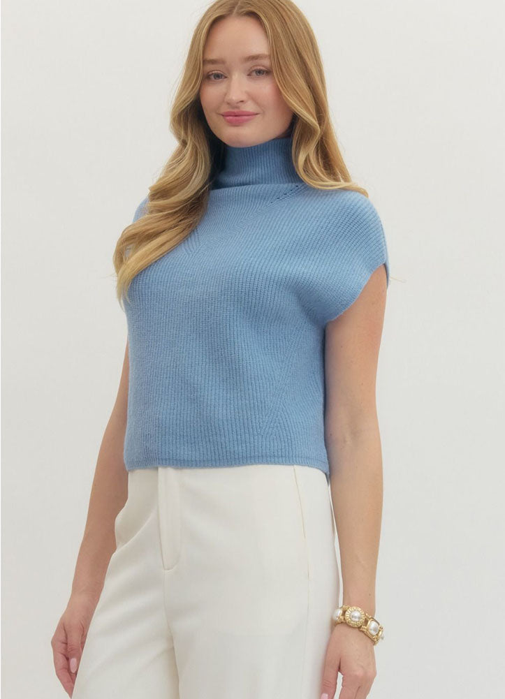 Solid Cap Sleeve Mock Neck Sweater in Blue by Entro