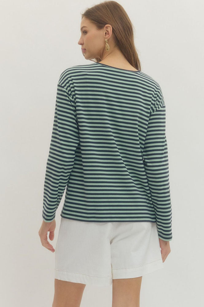 Striped LS Round Neck Top in Mint/Navy by Entro