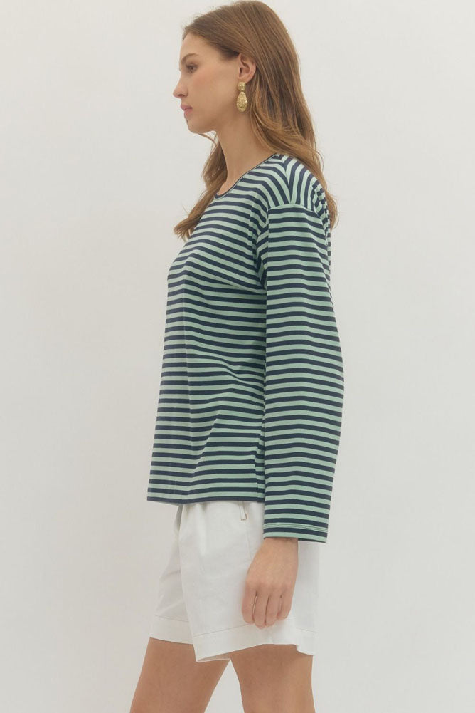 Striped LS Round Neck Top in Mint/Navy by Entro