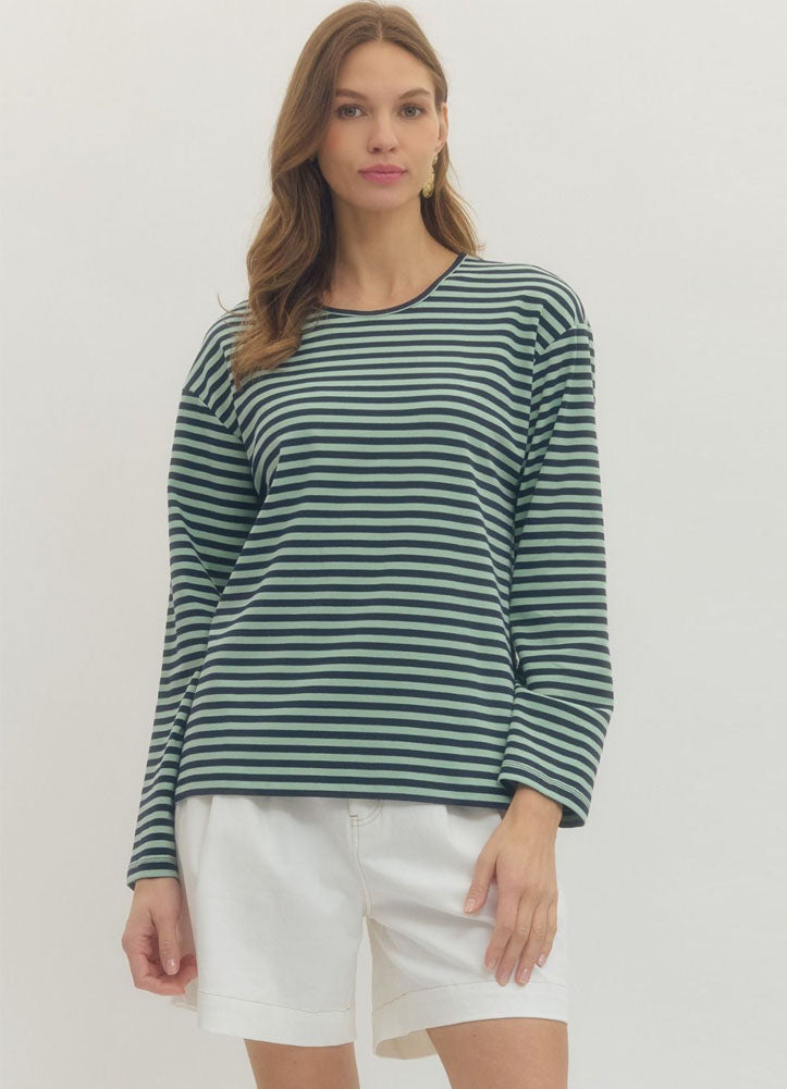 Striped LS Round Neck Top in Mint/Navy by Entro