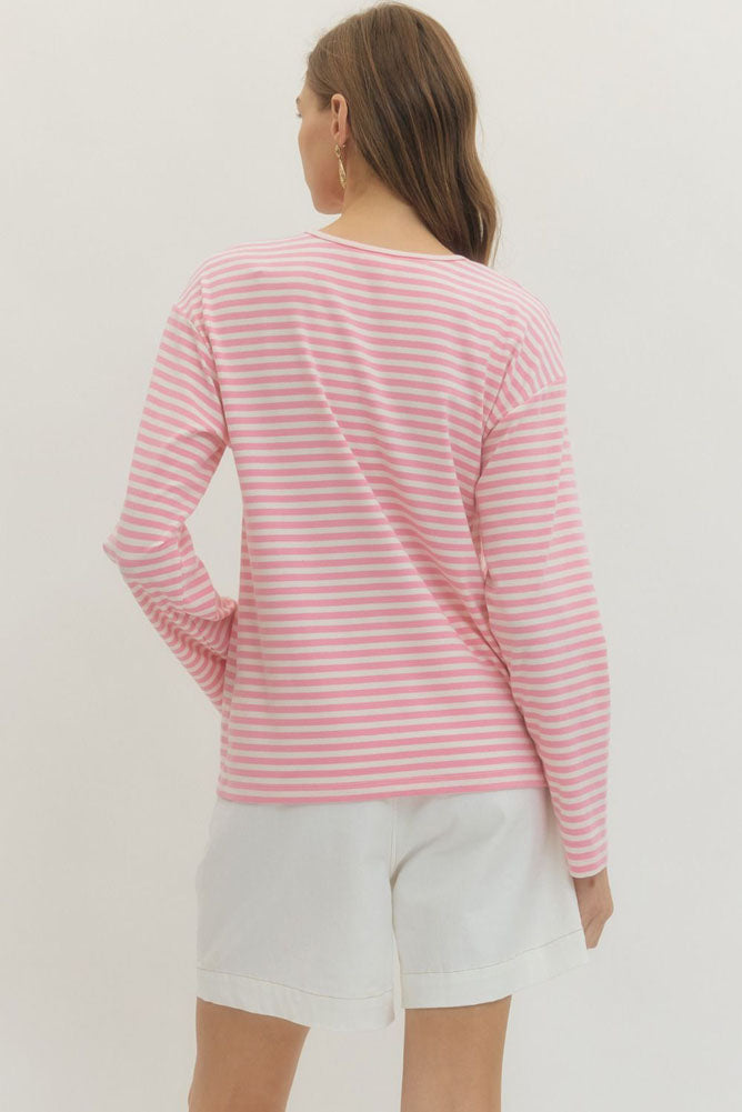 Striped LS Round Neck Top in Pink by Entro