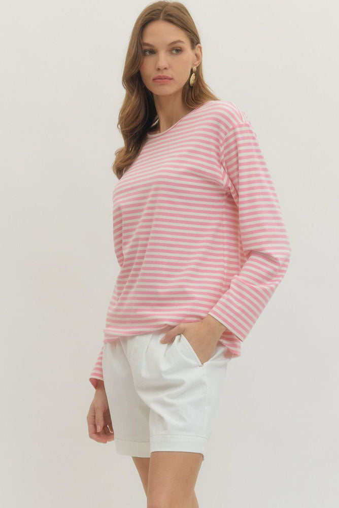 Striped LS Round Neck Top in Pink by Entro