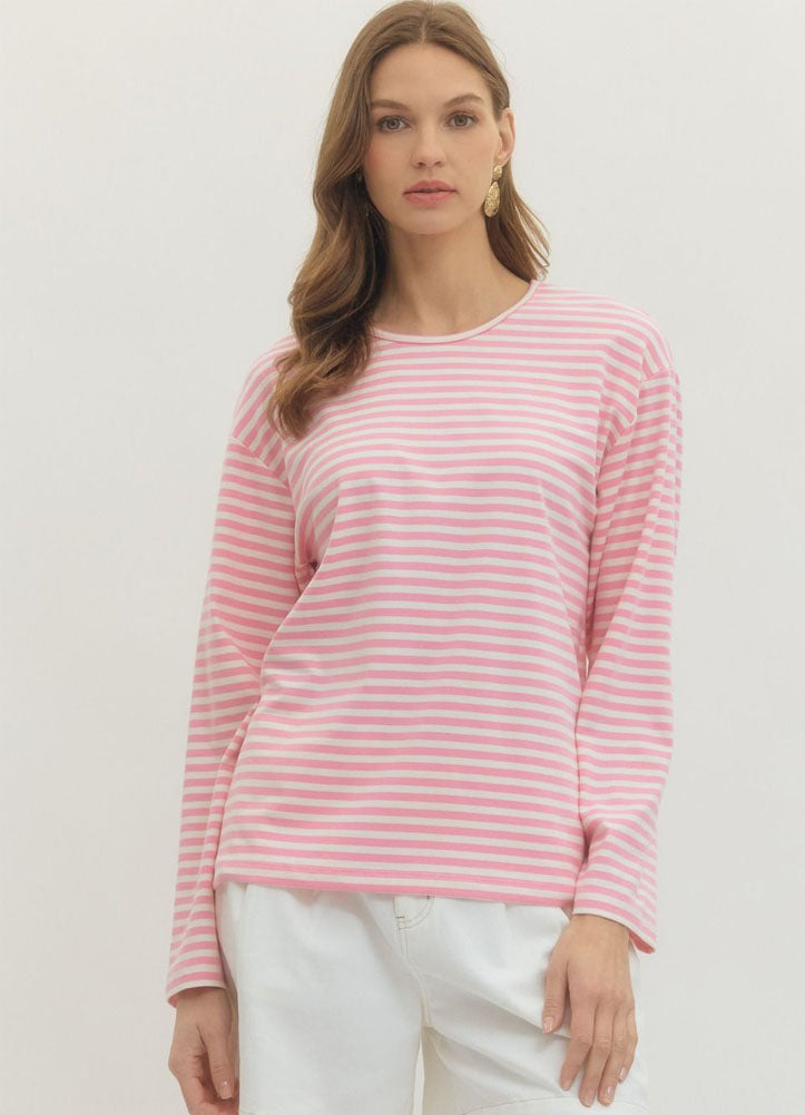 Striped LS Round Neck Top in Pink by Entro