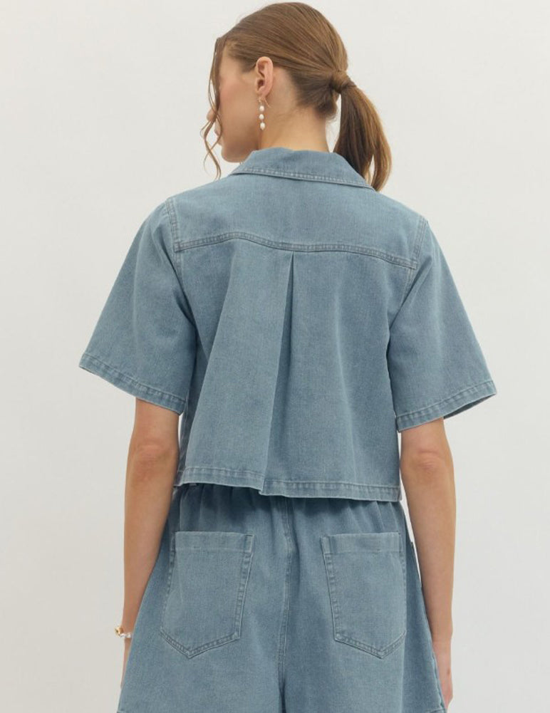 Double Pocket V-Neck Cropped Top in Light Denim by Entro