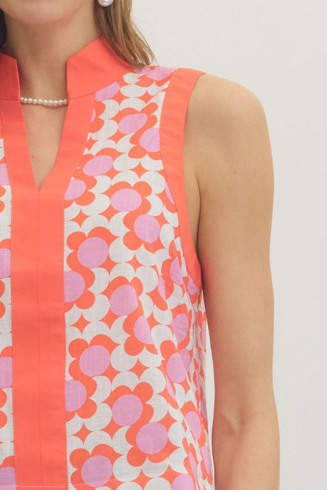 Sleeveless Print Top with Scallop Hem in Coral by Entro