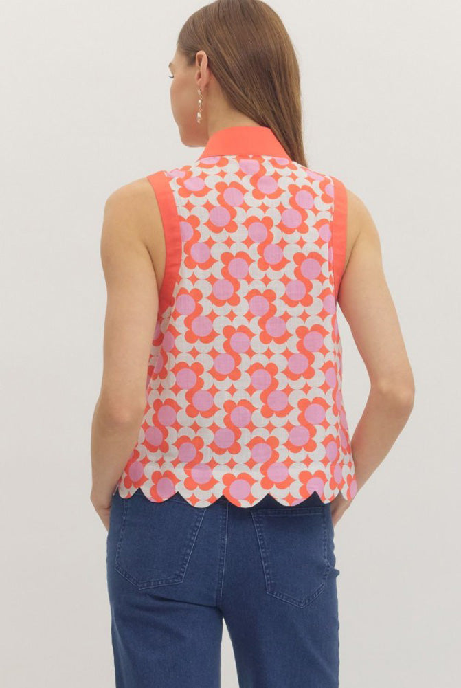 Sleeveless Print Top with Scallop Hem in Coral by Entro