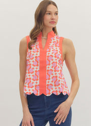 Sleeveless Print Top with Scallop Hem in Coral by Entro