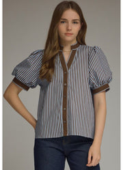 Stripe Print Short Puff Sleeve V-Neck Top in Blue/Brown by Entro Inc