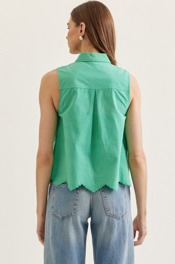 Solid Sleeveless Top with Eyelet Embroidery in Green by Entro
