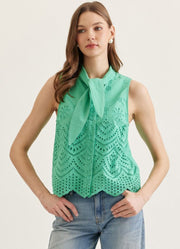 Solid Sleeveless Top with Eyelet Embroidery in Green by Entro