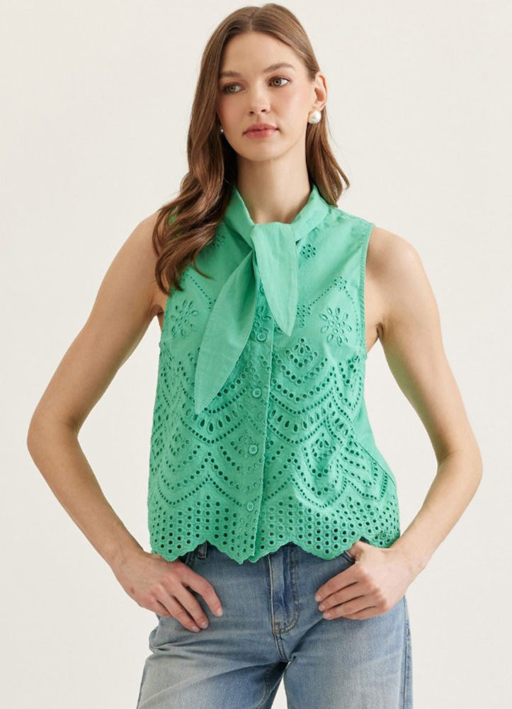 Solid Sleeveless Top with Eyelet Embroidery in Green by Entro