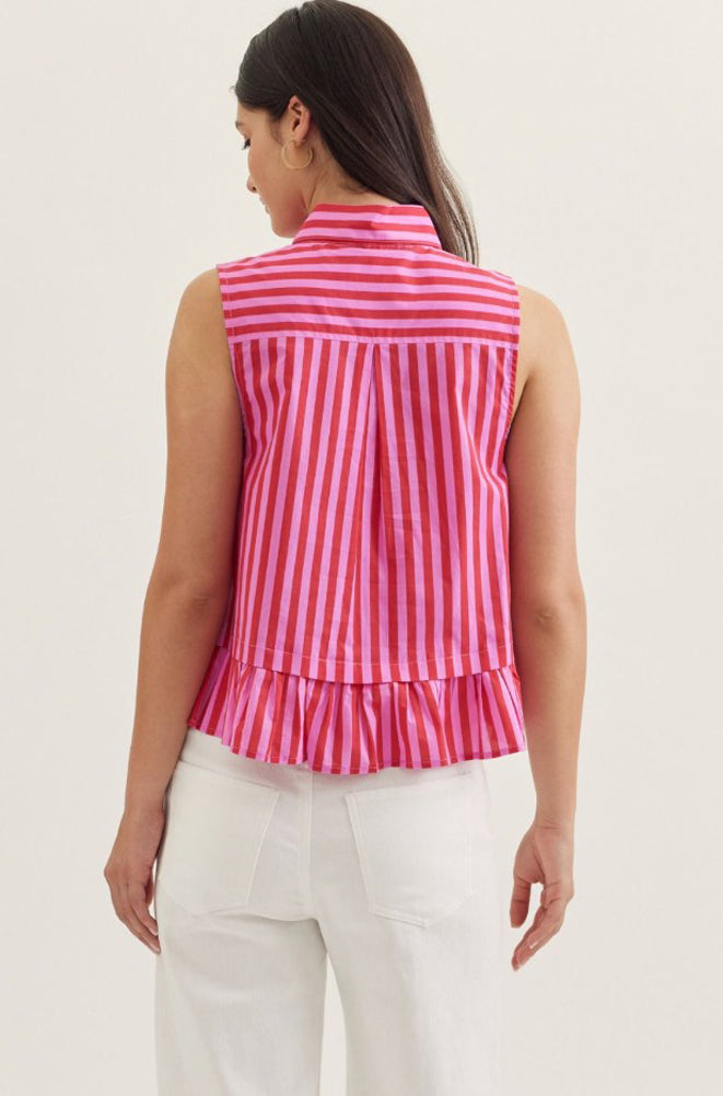 Stripe Sleeveless Peplum Top with Tie Neck in Red/Pink by Entro
