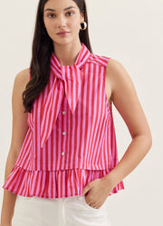 Stripe Sleeveless Peplum Top with Tie Neck in Red/Pink by Entro