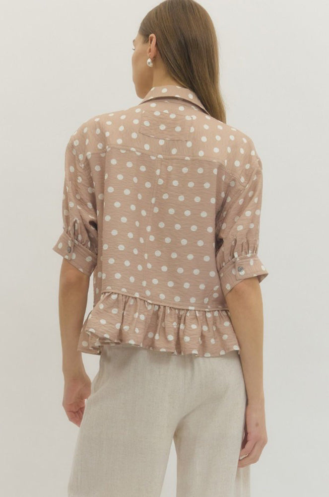 Polka Dot SS Ruffle Hem Top in Sand by Entro