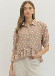 Polka Dot SS Ruffle Hem Top in Sand by Entro