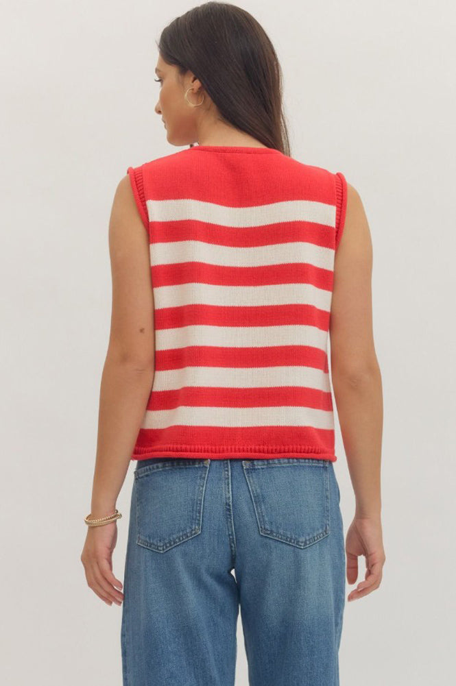 Striped Sleeveless Gold Button Top in Red by Entro