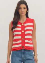 Striped Sleeveless Gold Button Top in Red by Entro
