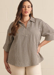 Plus Gingham 3/4 Sleeve Top in Black by Entro