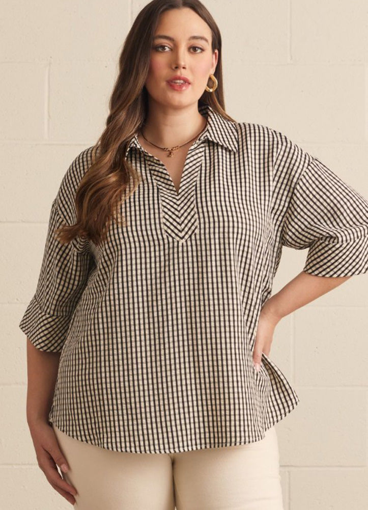 Plus Gingham 3/4 Sleeve Top in Black by Entro