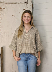 Plus Gingham 3/4 Sleeve Top in Brown by Entro