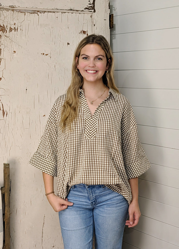 Plus Gingham 3/4 Sleeve Top in Brown by Entro