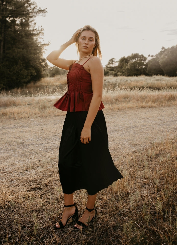 Solid Pleated Cami Top in Merlot by Entro