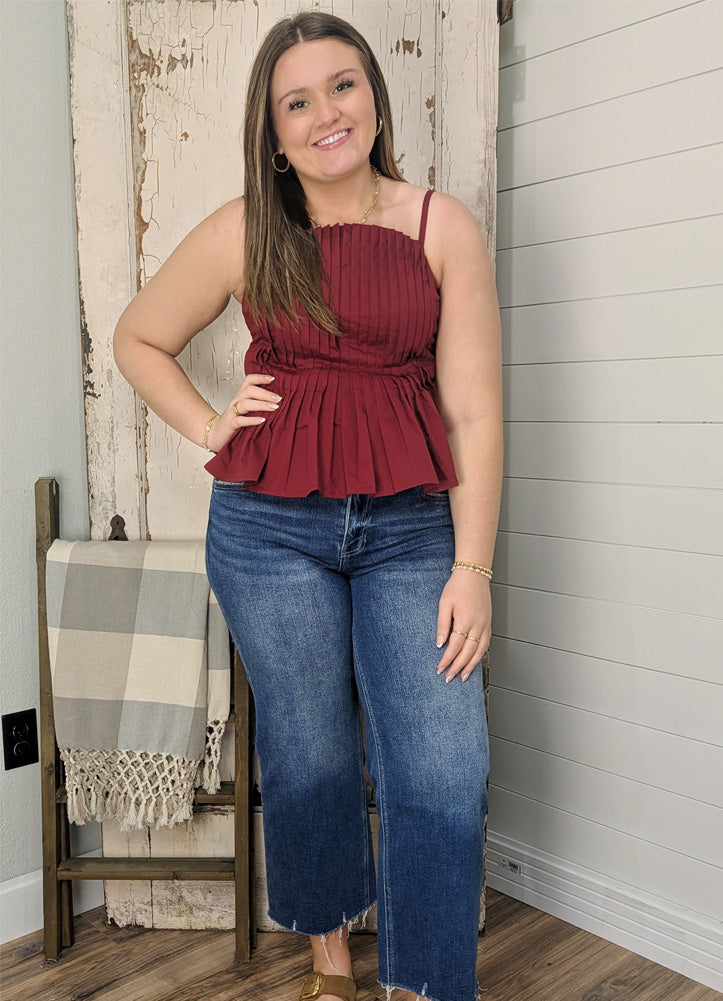 Solid Pleated Cami Top in Merlot by Entro