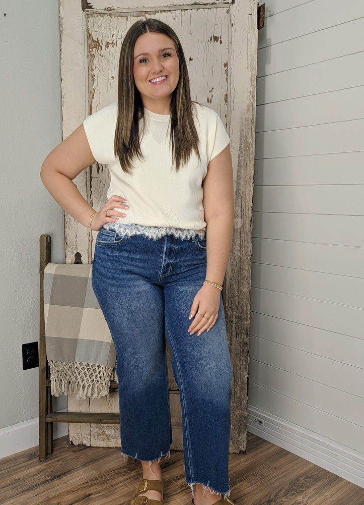 Solid Cap Sleeve Sweater with Lace Trim in Cream by Entro