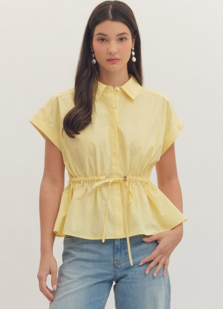 Solid Peplum Top with Drawstring Waist in Lemon by Entro