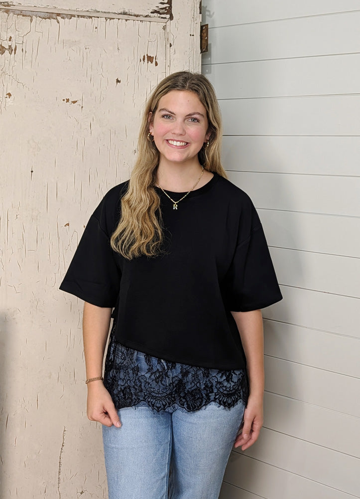 Solid SS Top with Scallop Lace Hem in Black by Entro