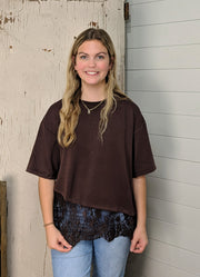 Solid SS Top with Scallop Lace Hem in Brown by Entro