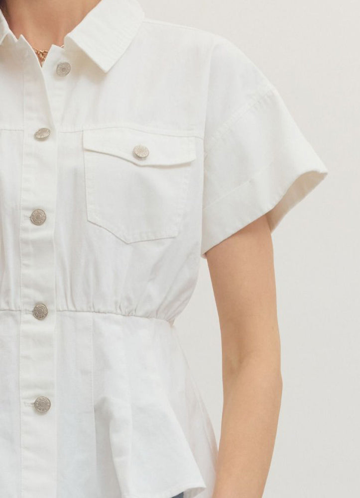 Solid SS Peplum Button Up Top in Off White by Entro
