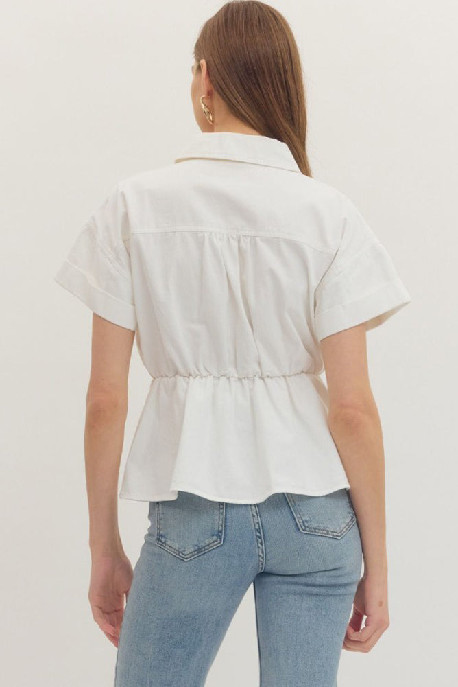Solid SS Peplum Button Up Top in Off White by Entro