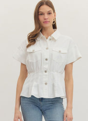 Solid SS Peplum Button Up Top in Off White by Entro