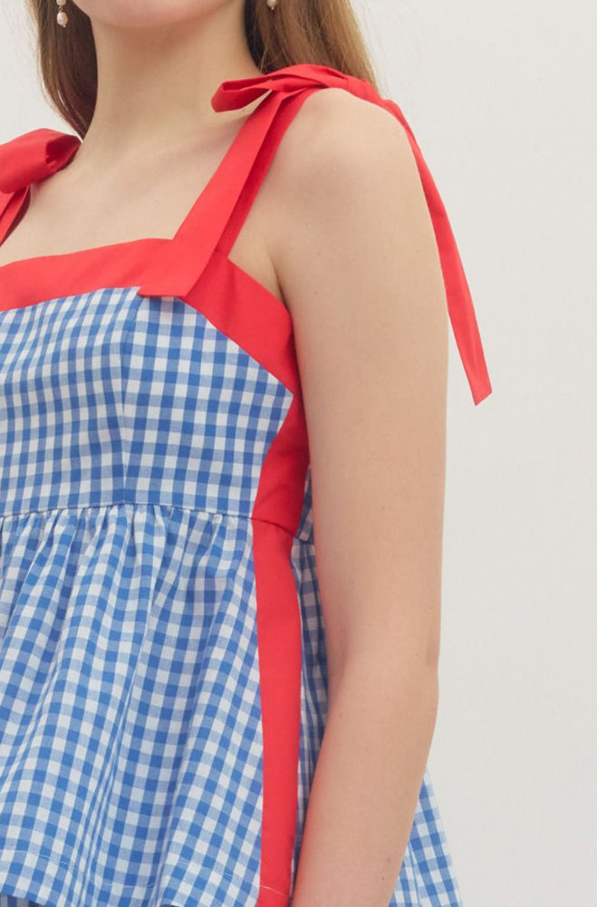 Gingham Sleeveless Peplum Top in Royal by Entro