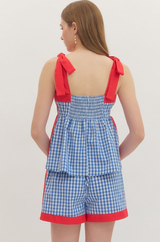 Gingham Sleeveless Peplum Top in Royal by Entro
