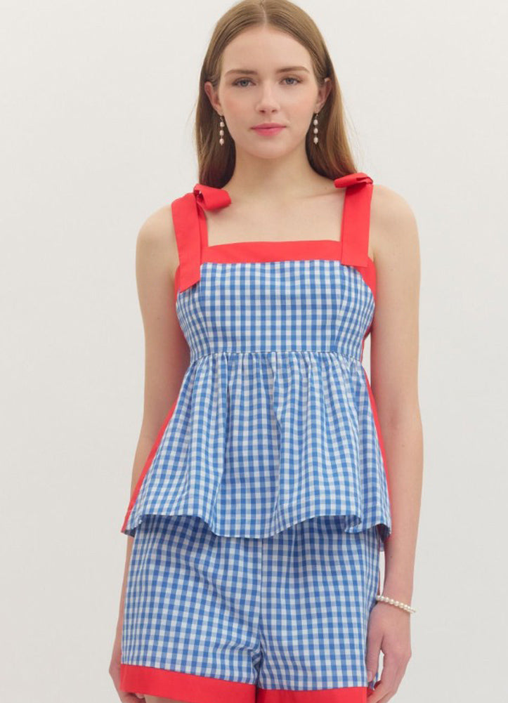 Gingham Sleeveless Peplum Top in Royal by Entro