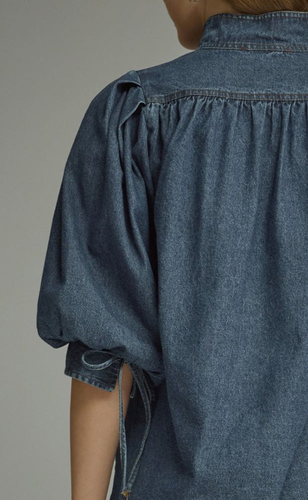 3/4 Puff Sleeve Top in Dark Denim by Entro Inc