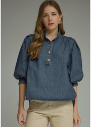 3/4 Puff Sleeve Top in Dark Denim by Entro Inc