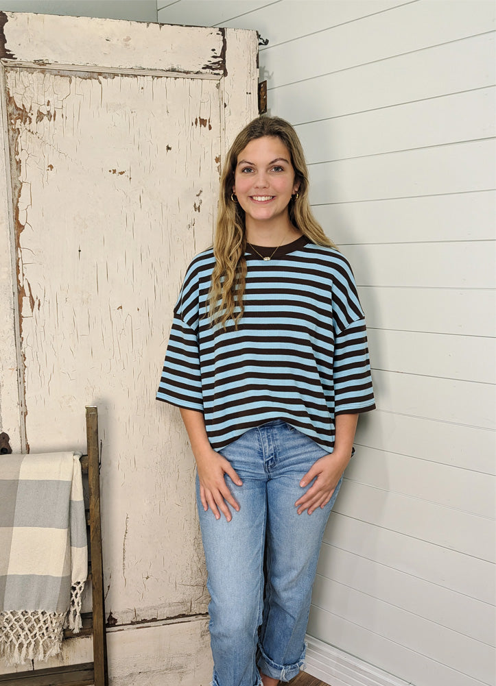 Striped SS Ribbed Top in Blue/Brown by Entro