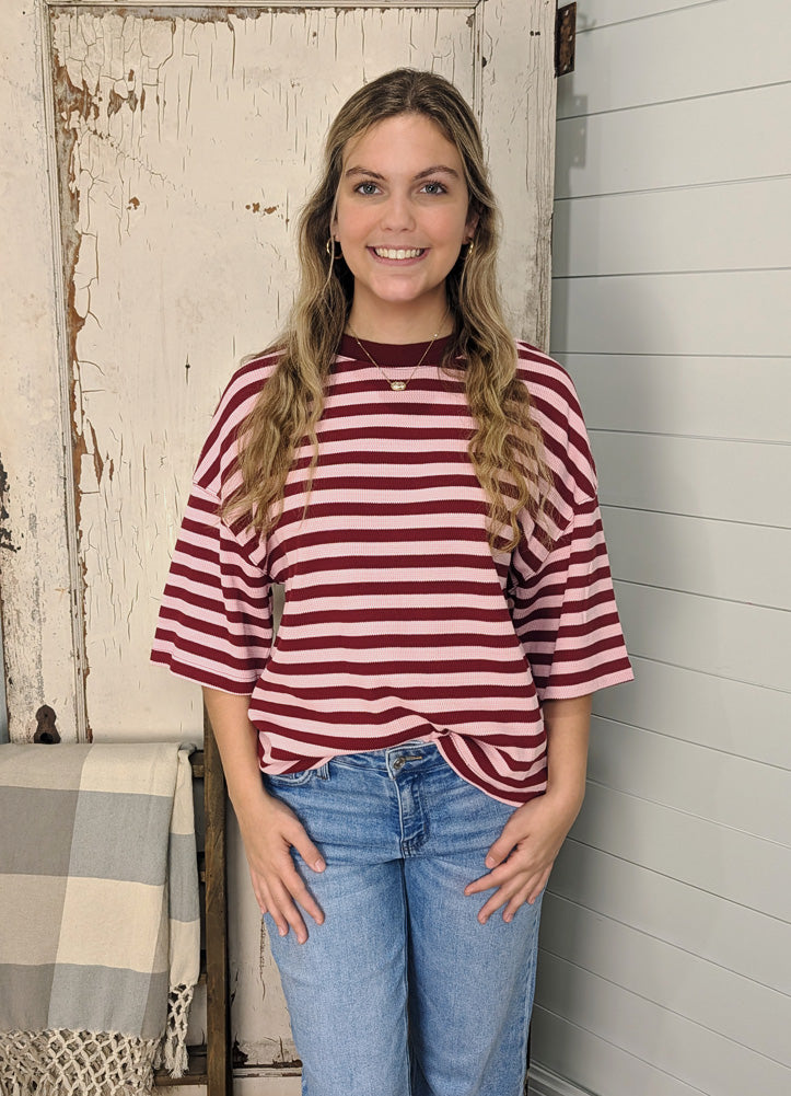 Striped SS Ribbed Top in Burgundy by Entro