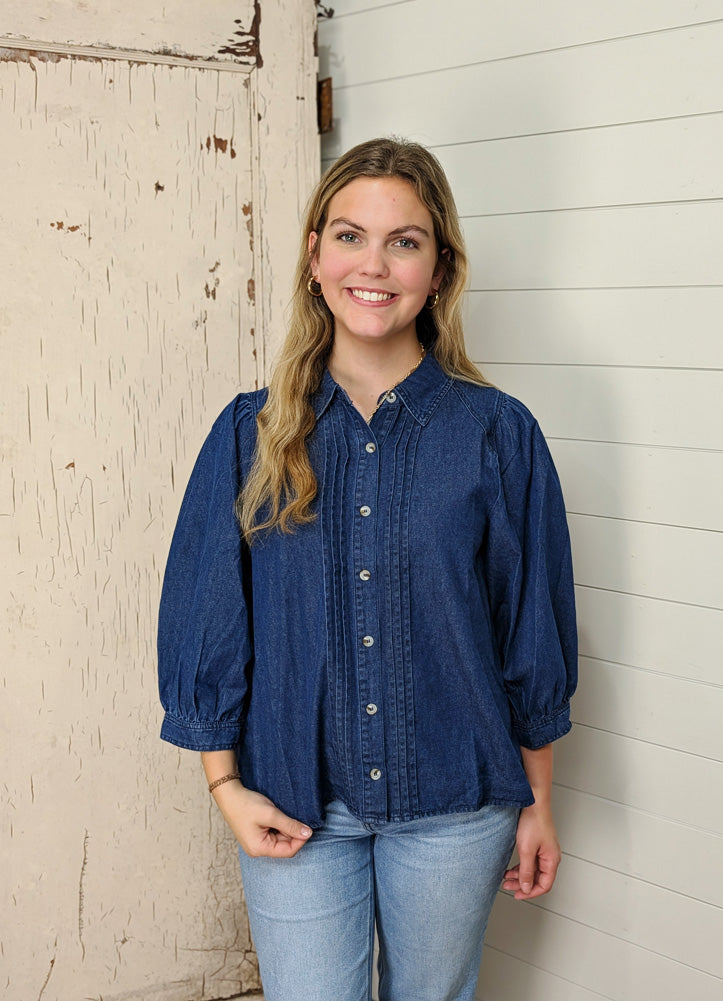 3/4 Sleeve Button Up Denim Top by Entro